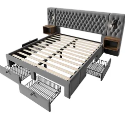 Lit adulte en velours 160x200 cm - avec 2 chevets et 4 tiroirs - 2 liseuses avec prise USB - Gris (matelas non inclus)