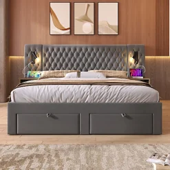 Lit adulte en velours 160x200 cm - avec 2 chevets et 4 tiroirs - 2 liseuses avec prise USB - Gris (matelas non inclus)
