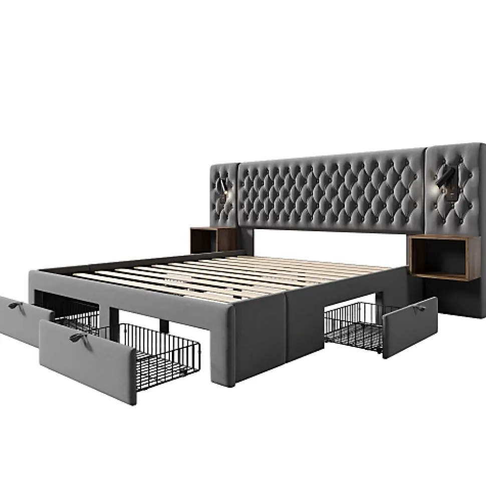 Lit adulte en velours 160x200 cm - avec 2 chevets et 4 tiroirs - 2 liseuses avec prise USB - Gris (matelas non inclus)