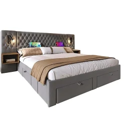 Lit adulte en velours 160x200 cm - avec 2 chevets et 4 tiroirs - 2 liseuses avec prise USB - Gris (matelas non inclus)