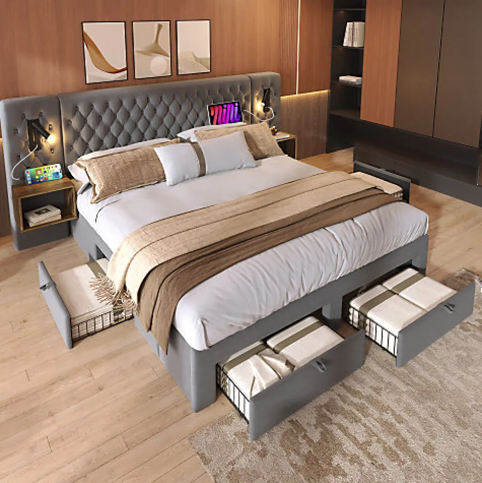 Lit adulte en velours 160x200 cm - avec 2 chevets et 4 tiroirs - 2 liseuses avec prise USB - Gris (matelas non inclus)