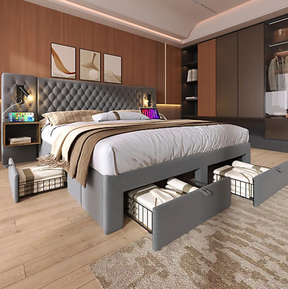 Lit adulte en velours 160x200 cm - avec 2 chevets et 4 tiroirs - 2 liseuses avec prise USB - Gris (matelas non inclus)