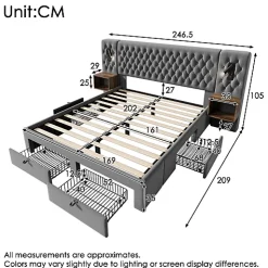 Lit adulte en velours 160x200 cm - avec 2 chevets et 4 tiroirs - 2 liseuses avec prise USB - Gris (matelas non inclus)