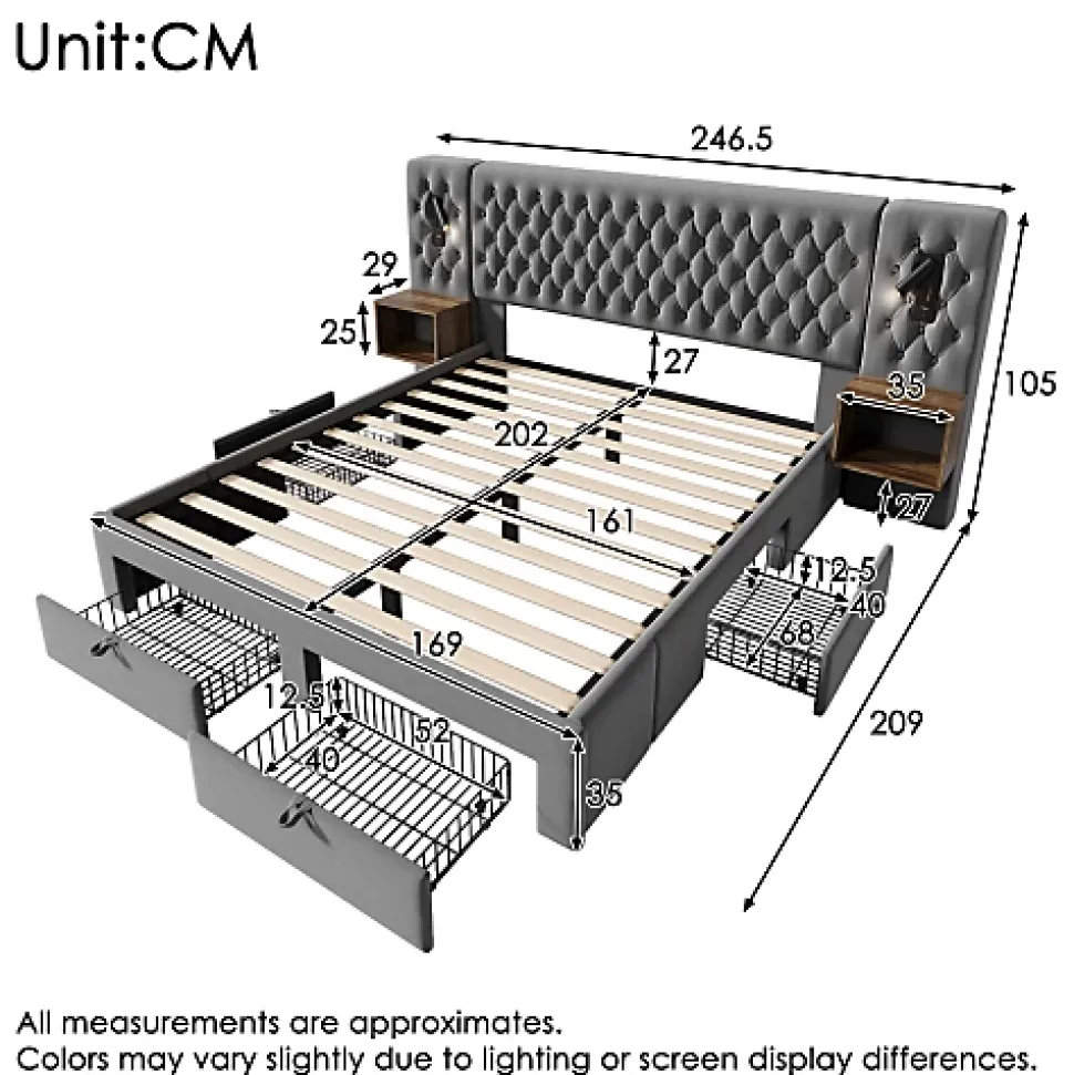 Lit adulte en velours 160x200 cm - avec 2 chevets et 4 tiroirs - 2 liseuses avec prise USB - Gris (matelas non inclus)