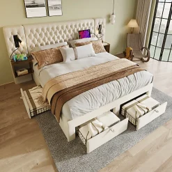 Lit adulte en velours 180x200 cm - avec 2 chevets et 4 tiroirs - 2 liseuses avec prise USB - Beige (matelas non inclus)
