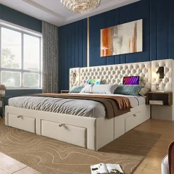 Lit adulte en velours 180x200 cm - avec 2 chevets et 4 tiroirs - 2 liseuses avec prise USB - Beige (matelas non inclus)