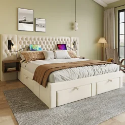 Lit adulte en velours 180x200 cm - avec 2 chevets et 4 tiroirs - 2 liseuses avec prise USB - Beige (matelas non inclus)