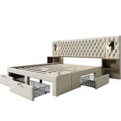 Lit adulte en velours 180x200 cm - avec 2 chevets et 4 tiroirs - 2 liseuses avec prise USB - Beige (matelas non inclus)