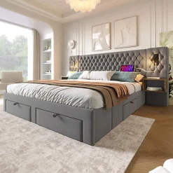 Lit adulte en velours 180x200 cm - avec 2 chevets et 4 tiroirs - 2 liseuses avec prise USB - Gris (matelas non inclus)