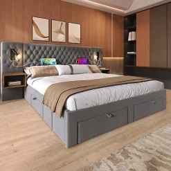 Lit adulte en velours 180x200 cm - avec 2 chevets et 4 tiroirs - 2 liseuses avec prise USB - Gris (matelas non inclus)