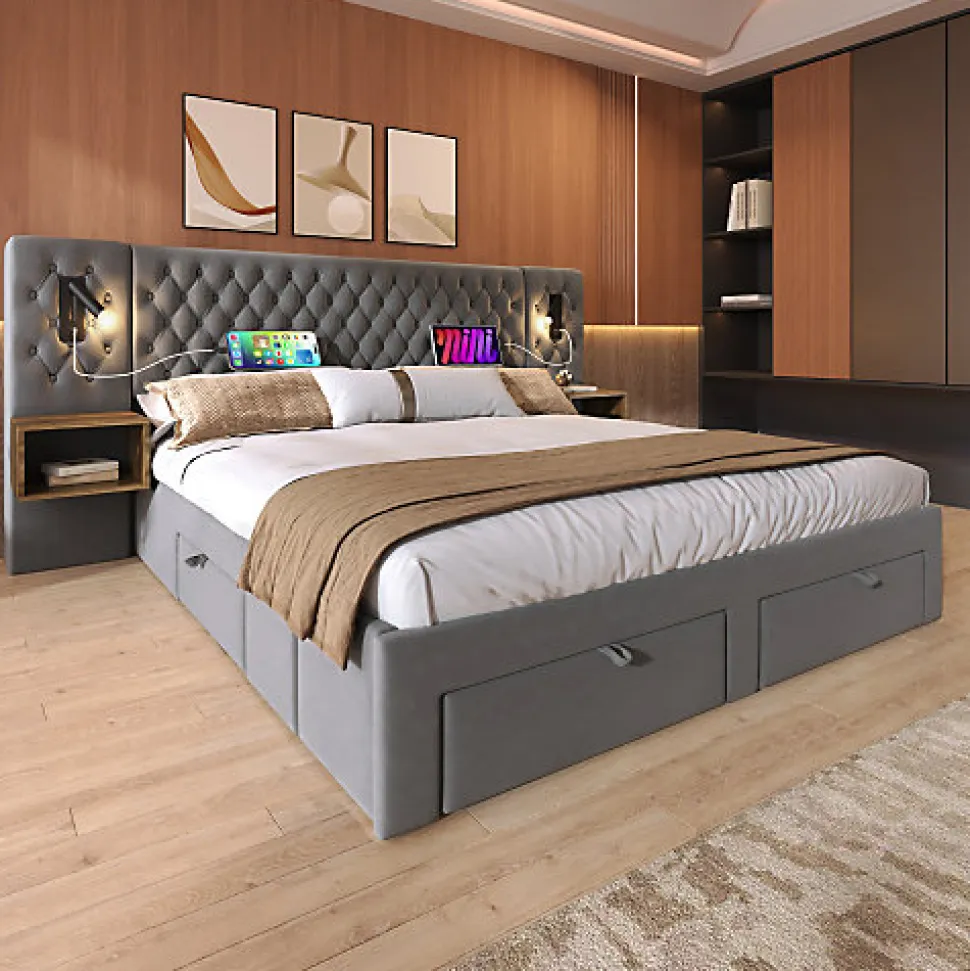 Lit adulte en velours 180x200 cm - avec 2 chevets et 4 tiroirs - 2 liseuses avec prise USB - Gris (matelas non inclus)