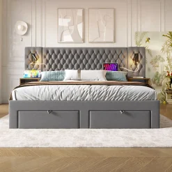 Lit adulte en velours 180x200 cm - avec 2 chevets et 4 tiroirs - 2 liseuses avec prise USB - Gris (matelas non inclus)
