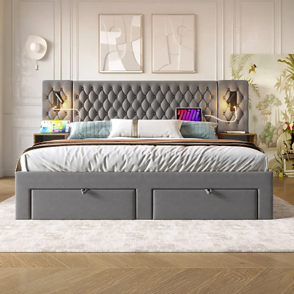 Lit adulte en velours 180x200 cm - avec 2 chevets et 4 tiroirs - 2 liseuses avec prise USB - Gris (matelas non inclus)