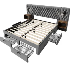 Lit adulte en velours 180x200 cm - avec 2 chevets et 4 tiroirs - 2 liseuses avec prise USB - Gris (matelas non inclus)