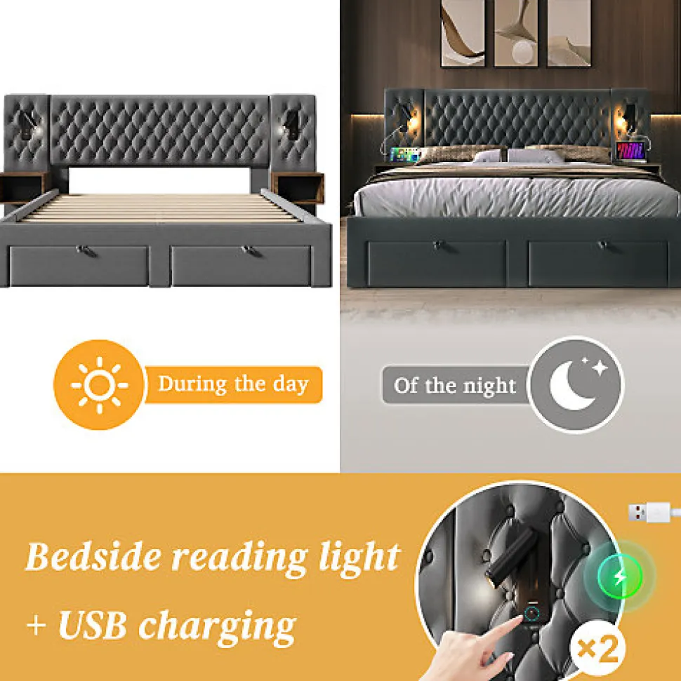 Lit adulte en velours 180x200 cm - avec 2 chevets et 4 tiroirs - 2 liseuses avec prise USB - Gris (matelas non inclus)