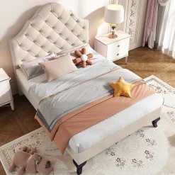 Lit adulte lit cadre à lattes en bois lit 90x200 cm lit rembourré Single velours beige