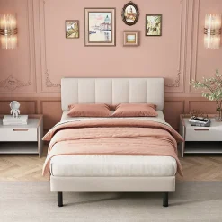 Lit adulte lit cadre à lattes en bois lit 140x190 cm lit rembourré lit pieds en fer Single sherpa beige