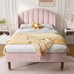 Lit adulte lit cadre à lattes en bois lit 90x200 cm lit rembourré Single velours rose