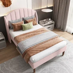 Lit adulte lit cadre à lattes en bois lit 90x200 cm lit rembourré Single velours rose