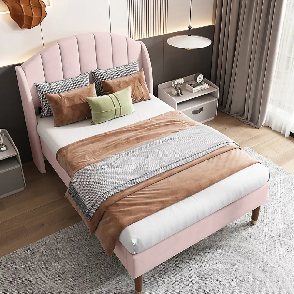 Lit adulte lit cadre à lattes en bois lit 90x200 cm lit rembourré Single velours rose