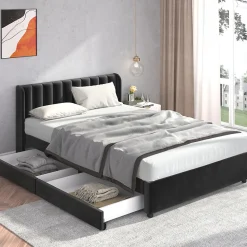 Lit adulte lit cadre à lattes en bois lit 160x200 cm lit rembourré lit 2 tiroirs lit double velours noir