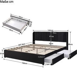 Lit adulte lit cadre à lattes en bois lit 160x200 cm lit rembourré lit 2 tiroirs lit double velours noir