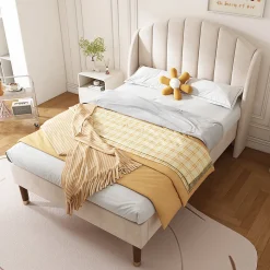 Lit adulte lit cadre à lattes en bois lit 90x200 cm lit rembourré Single velours beige