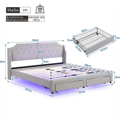 Lit adulte lit cadre à lattes en bois lit 180x200 cm lit led rembourré lit 2 tiroirs lit double lin gris