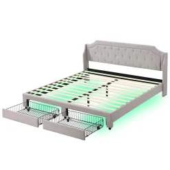 Lit adulte lit cadre à lattes en bois lit 180x200 cm lit led rembourré lit 2 tiroirs lit double lin gris