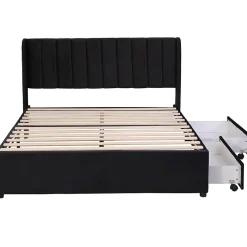 Lit adulte lit cadre à lattes en bois lit 140x200 cm lit rembourré lit 2 tiroirs lit double velours noir