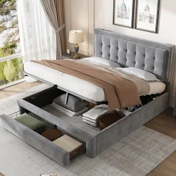 Lit adulte lit coffre lit 140x200 cm lit de rangement lit rembourré hydraulique lit 2 tiroirs lit double velours gris