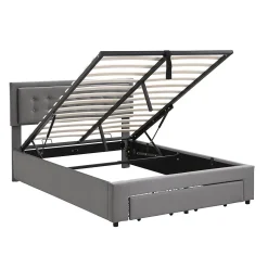 Lit adulte lit coffre lit 140x200 cm lit de rangement lit rembourré hydraulique lit 2 tiroirs lit double velours gris