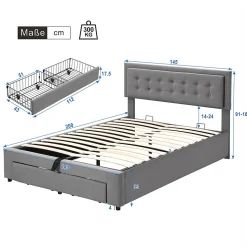 Lit adulte lit coffre lit 140x200 cm lit de rangement lit rembourré hydraulique lit 2 tiroirs lit double velours gris