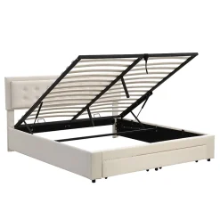 Lit adulte lit coffre lit 180x200 cm lit de rangement lit rembourré hydraulique lit 2 tiroirs lit double velours beige