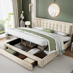 Lit adulte lit coffre lit 180x200 cm lit de rangement lit rembourré hydraulique lit 2 tiroirs lit double velours beige