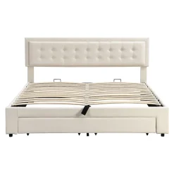 Lit adulte lit coffre lit 180x200 cm lit de rangement lit rembourré hydraulique lit 2 tiroirs lit double velours beige