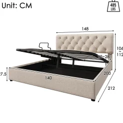 Lit adulte lit coffre lit 140x200 cm lit de rangement lit rembourré hydraulique lit en métal lit double lin gris clair