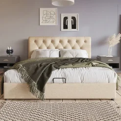 Lit adulte lit coffre lit 140x200 cm lit de rangement lit rembourré hydraulique lit en métal lit double lin gris clair