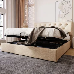 Lit adulte lit coffre lit 140x200 cm lit de rangement lit rembourré hydraulique lit en métal lit double lin gris clair