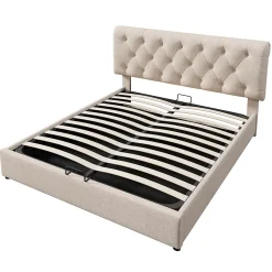 Lit adulte lit coffre lit 140x200 cm lit de rangement lit rembourré hydraulique lit en métal lit double lin gris clair