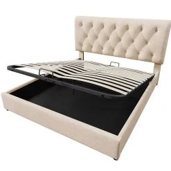 Lit adulte lit coffre lit 140x200 cm lit de rangement lit rembourré hydraulique lit en métal lit double lin gris clair