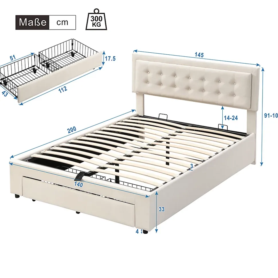 Lit adulte lit coffre lit 140x200 cm lit de rangement lit rembourré hydraulique lit 2 tiroirs lit double velours beige