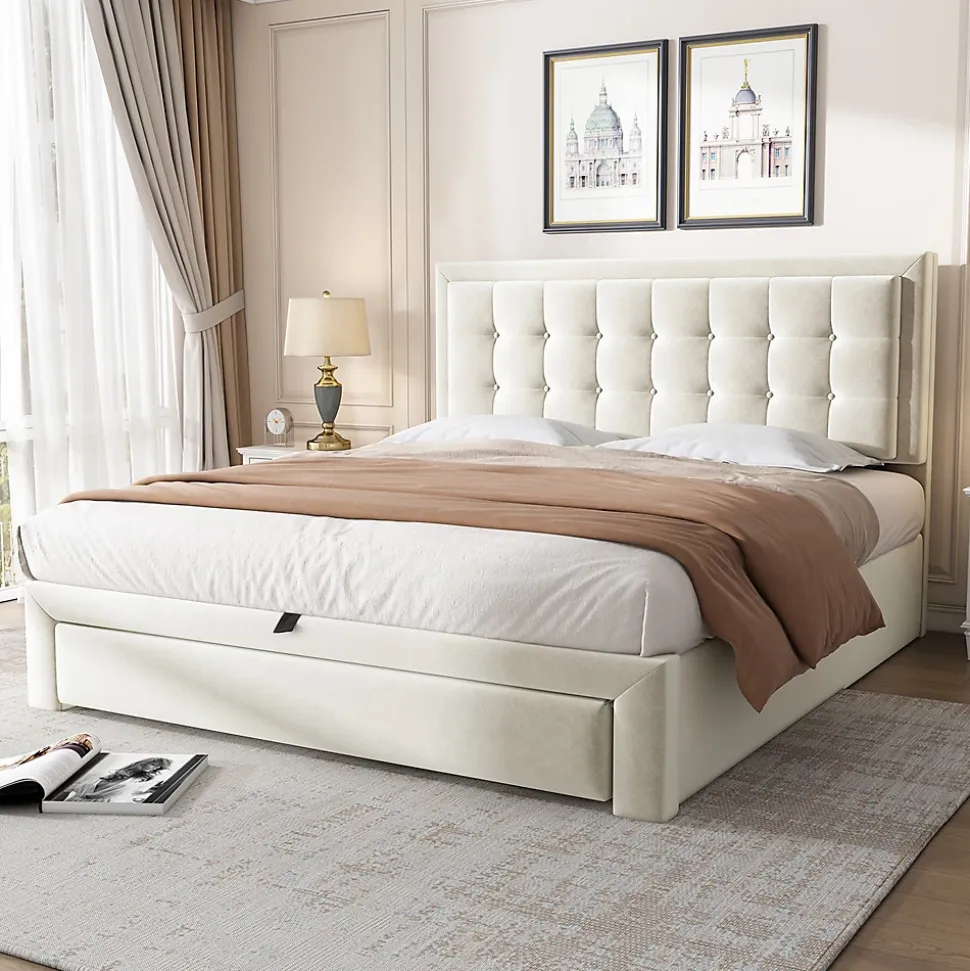 Lit adulte lit coffre lit 140x200 cm lit de rangement lit rembourré hydraulique lit 2 tiroirs lit double velours beige