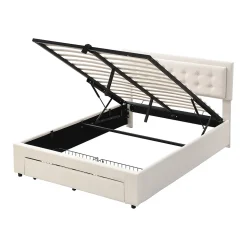 Lit adulte lit coffre lit 140x200 cm lit de rangement lit rembourré hydraulique lit 2 tiroirs lit double velours beige