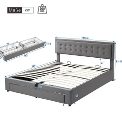Lit adulte lit coffre lit 180x200 cm lit de rangement lit rembourré hydraulique lit 2 tiroirs lit double velours gris