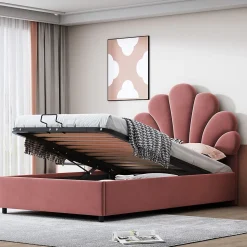 Lit adulte lit coffre lit 90x200 cm lit de rangement lit rembourré hydraulique lit cadre à lamelles Single velours rose