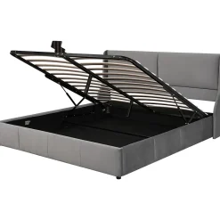 Lit adulte lit coffre lit 180x200 cm lit de rangement lit rembourré hydraulique lit en métal lit double velours gris