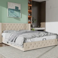 Lit adulte lit coffre lit rembourré hydraulique lit de rangement lit 160x200 cm lit en métal lit double velours beige