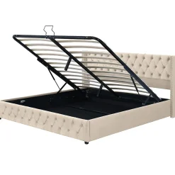 Lit adulte lit coffre lit rembourré hydraulique lit de rangement lit 160x200 cm lit en métal lit double velours beige