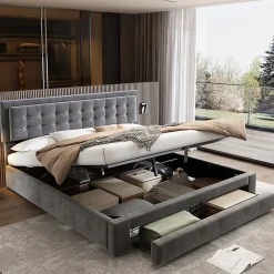 Lit adulte lit coffre lit 160x200 cm lit de rangement lit rembourré hydraulique lit 2 tiroirs lit double velours gris